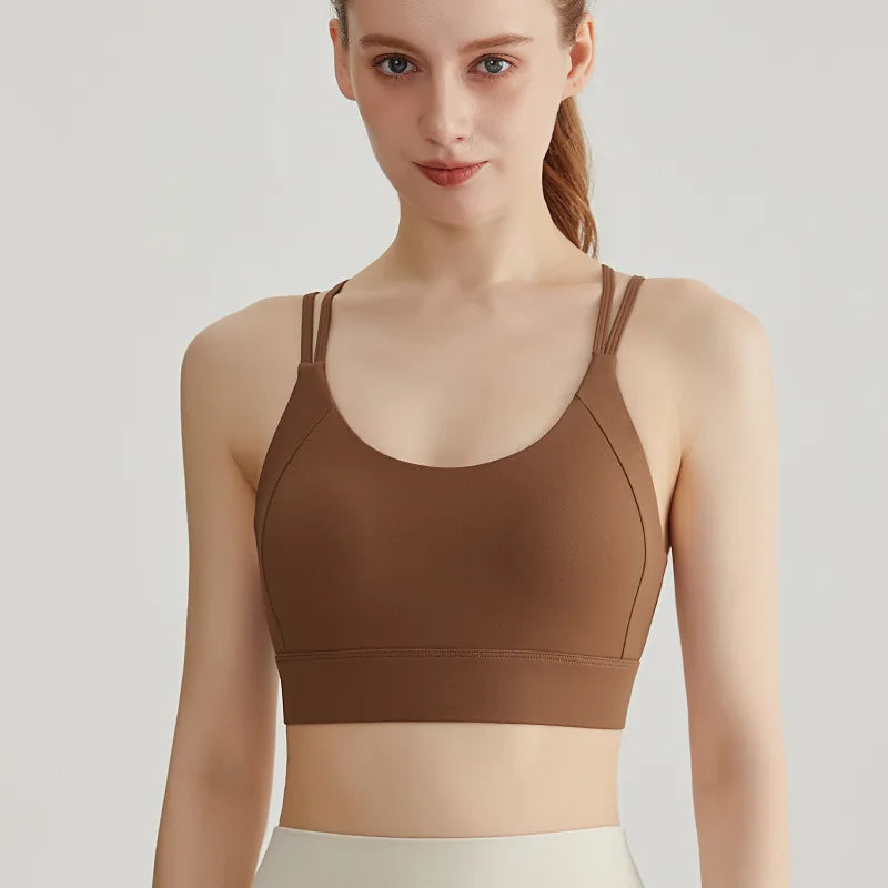 Women Strappy Back Sports Bra Adjustable Hook and Eye Closure Scoop Neck Gym Crop Top Criss Cross Back Yoga Bra