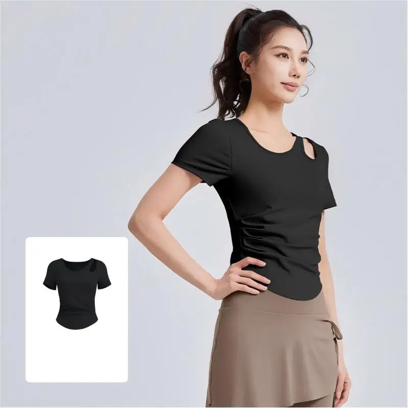 Women Cutout Yoga T Shirt Short Sleeve Gym Top Ruched Side Curved Hem Slim Fit Workout Tee Athletic Sportswear