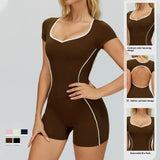 Custom Logo Yoga Bodysuit Workout Romper Backless Women One Piece Jumpsuit Contrast Trim Gym Fitness Wear Quick Dry