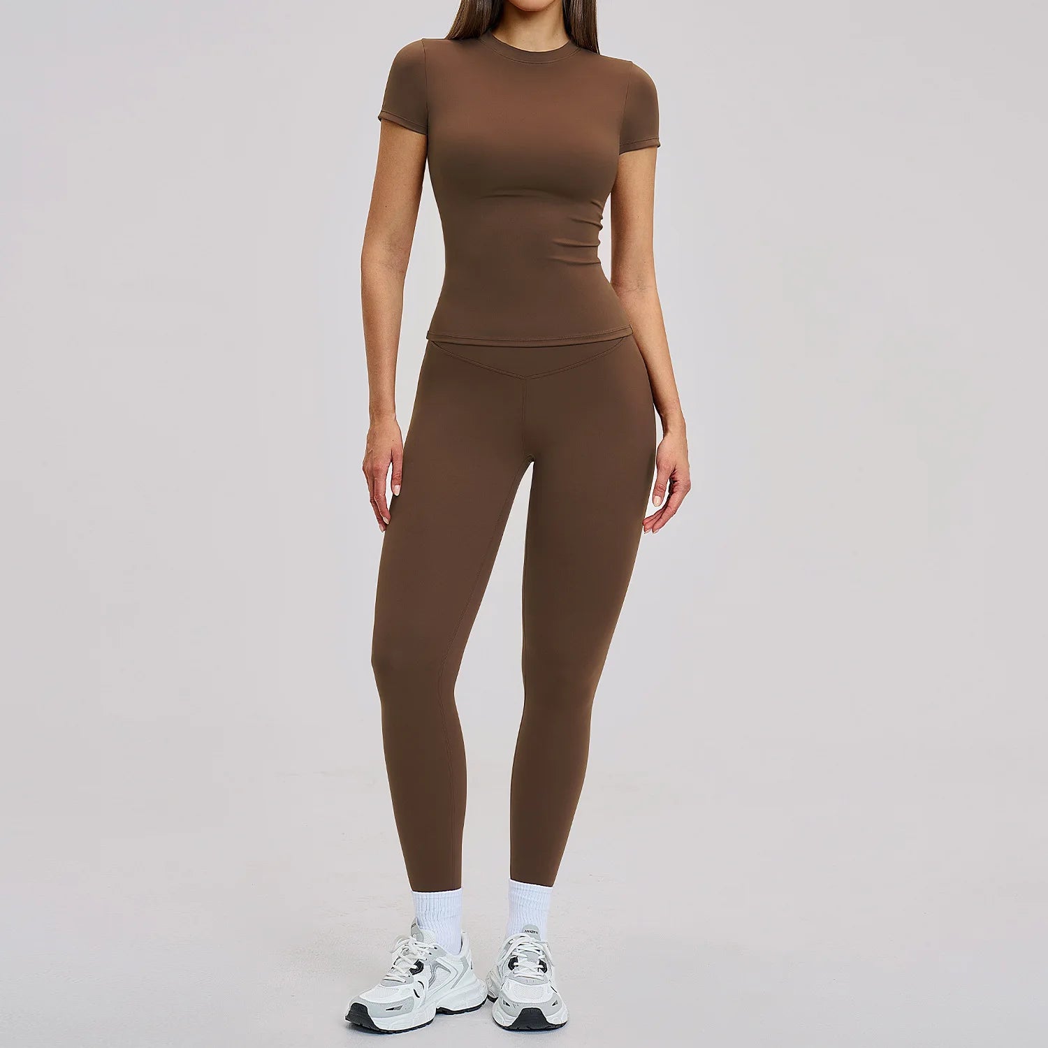 Seamless Solid Active Set Women 2 Piece Breathable Workout Outfits Short Sleeve T Shirt High Waisted Leggings Gym Yoga Set
