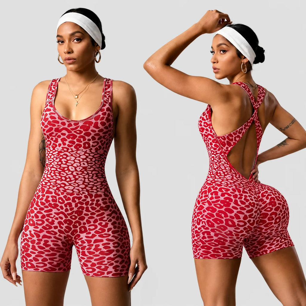Seamless Yoga Sets Reversible Bralette with Cross Ties Leopard Print Jumpsuit Shorts Yoga Clothes High-stretch Bodysuit