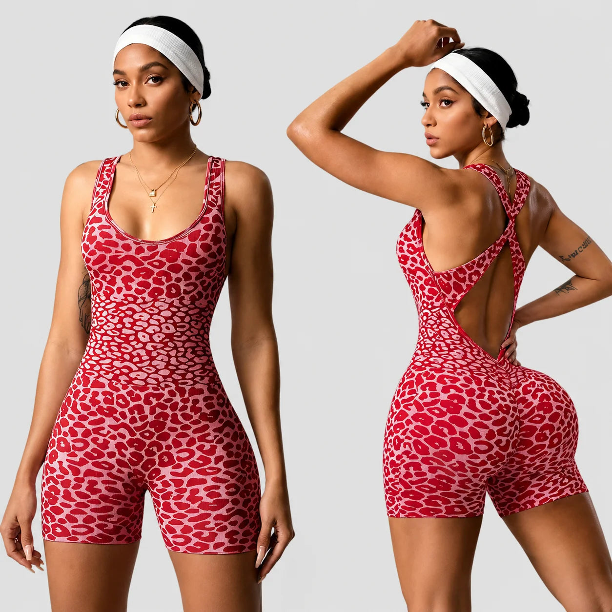 Seamless Yoga Sets Reversible Bralette with Cross Ties Leopard Print Jumpsuit Shorts Yoga Clothes High-stretch Bodysuit