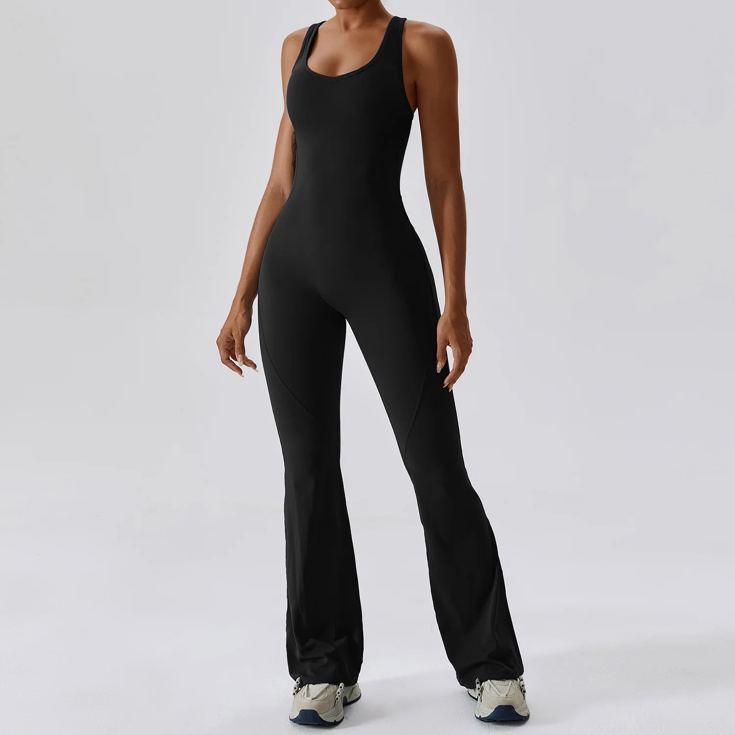 Plus Size Elastin Backless Workout Romper Quick Dry Flare Leggings Yoga Jumpsuits Knitted Women Custom  Gym Fitness Bodysuit