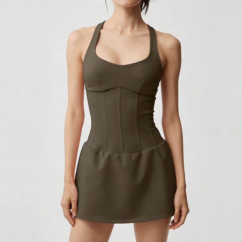 Custom Logo Tennis Dress Women Corset Style Cross Back One Piece Yoga Golf Dress Gym Fitness Workout Activewear