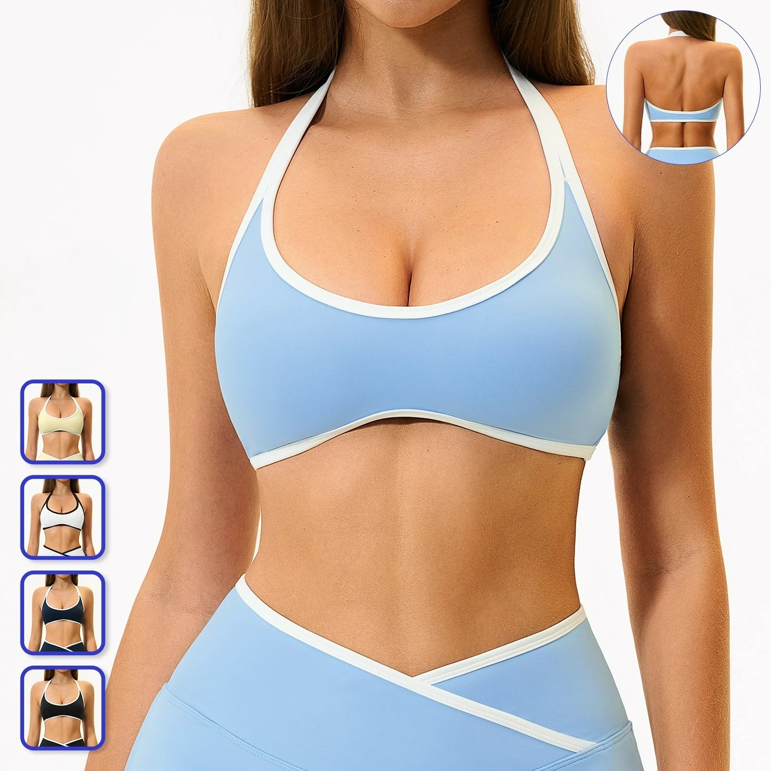 Seamless Lightweight Yoga Bra Breathable High Support Backless Sports Bra Color Block Trim Cut-Out Back Running Gym