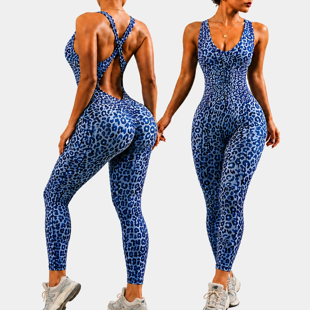 Women Leopard Cross Back Yoga Bodysuits Gym Fitness Jumpsuit Workout Clothes Quick-drying Sportswear Yoga Wear
