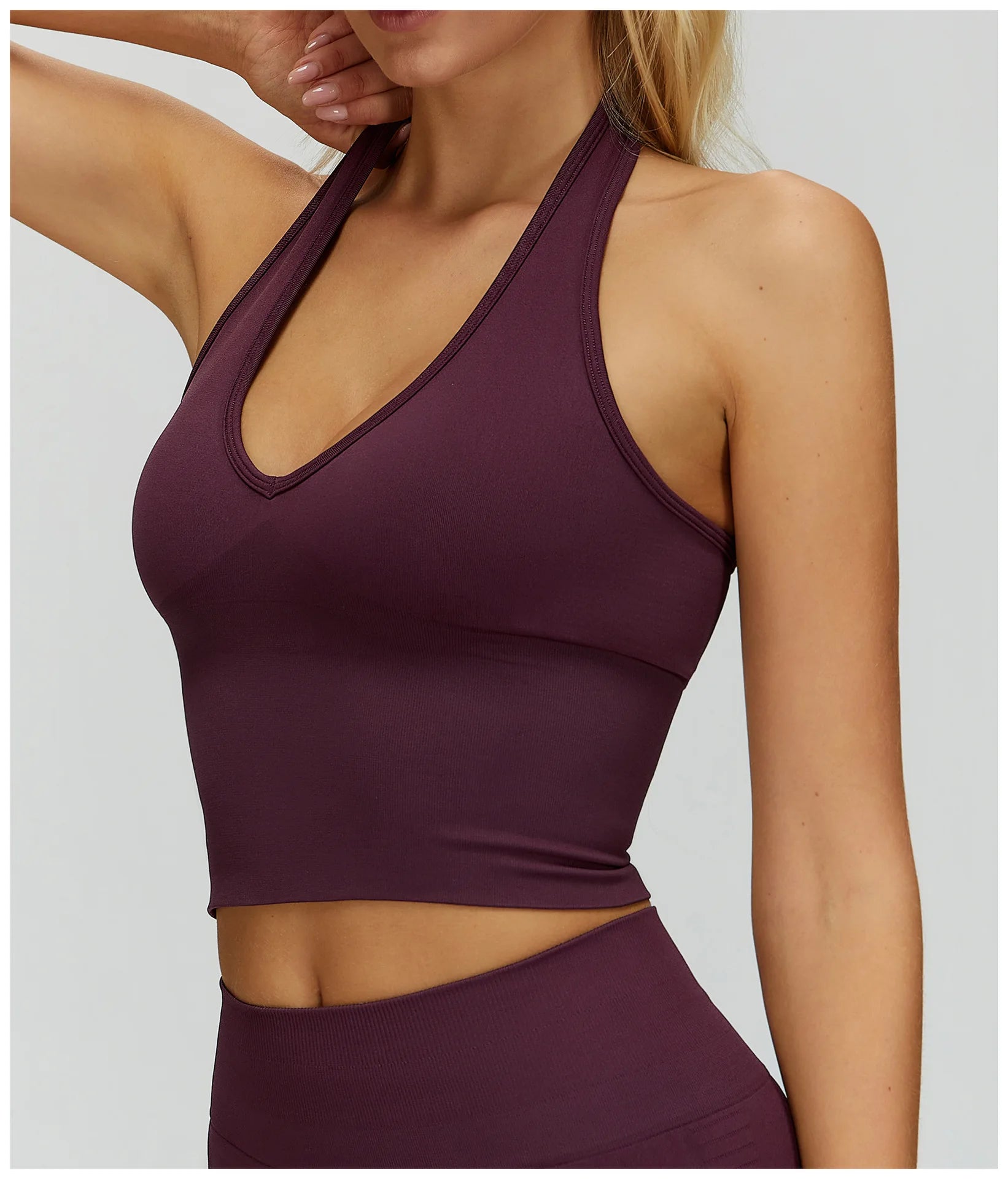 Seamless Halter Yoga Tops Women Custom LOGO Sexy V Neck Backless Sports Bra Gym Workout Crop Top Breathable Pilates Tank