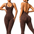 New Gym Fitness Sports Style Solid Yoga Jumpsuits Leopard Print V Backless Ruched Butt Lightweight Backless Breathable Women