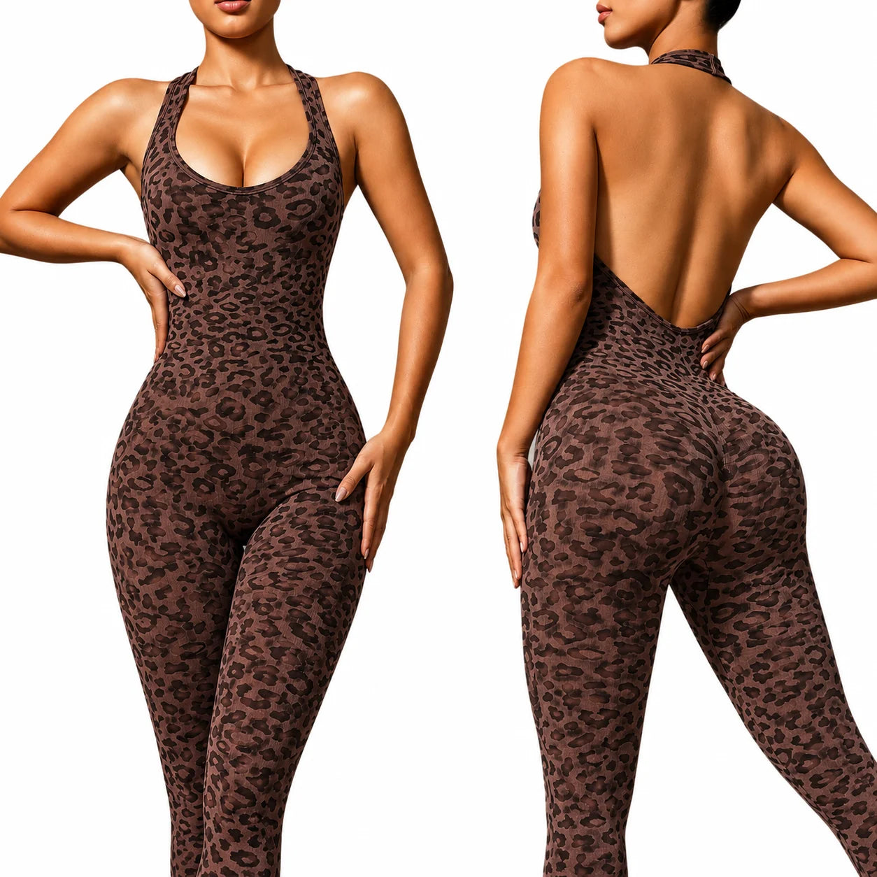 New Gym Fitness Sports Style Solid Yoga Jumpsuits Leopard Print V Backless Ruched Butt Lightweight Backless Breathable Women