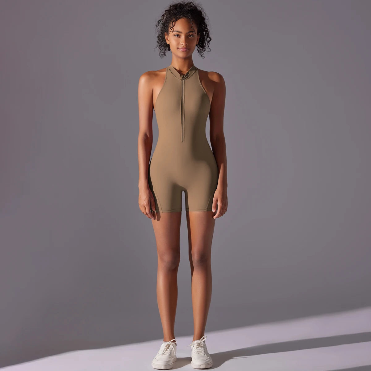 Custom Yoga Fitness Jumpsuit Breathable Half Zip Playsuits Solid Sweat-Wicking Off-the-Shoulder Halter Strap Sports Bodysuit