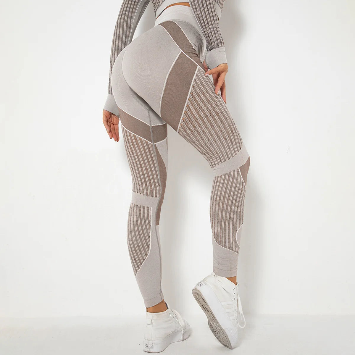 Wholesale High Waist Seamless Leggings Color Block Mesh Ribbed Panel Yoga Pants Women Booty Lift Gym Tights