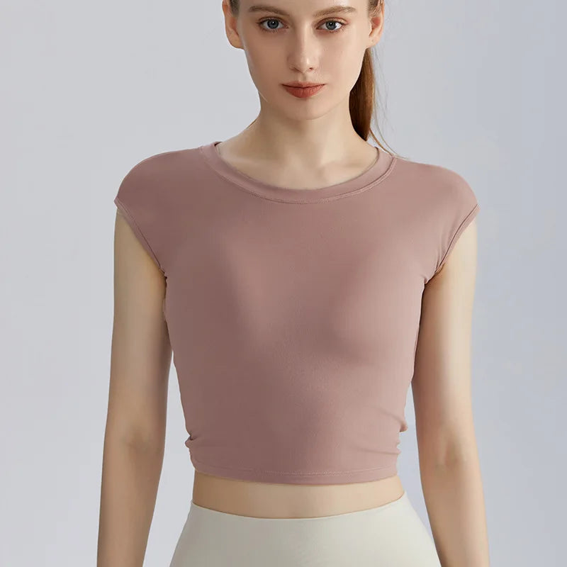 Custom Logo Women Open Back Yoga Top Cap Sleeve Backless Gym Shirt Twist Crossover Short Sleeve Workout Activewear T Shirt