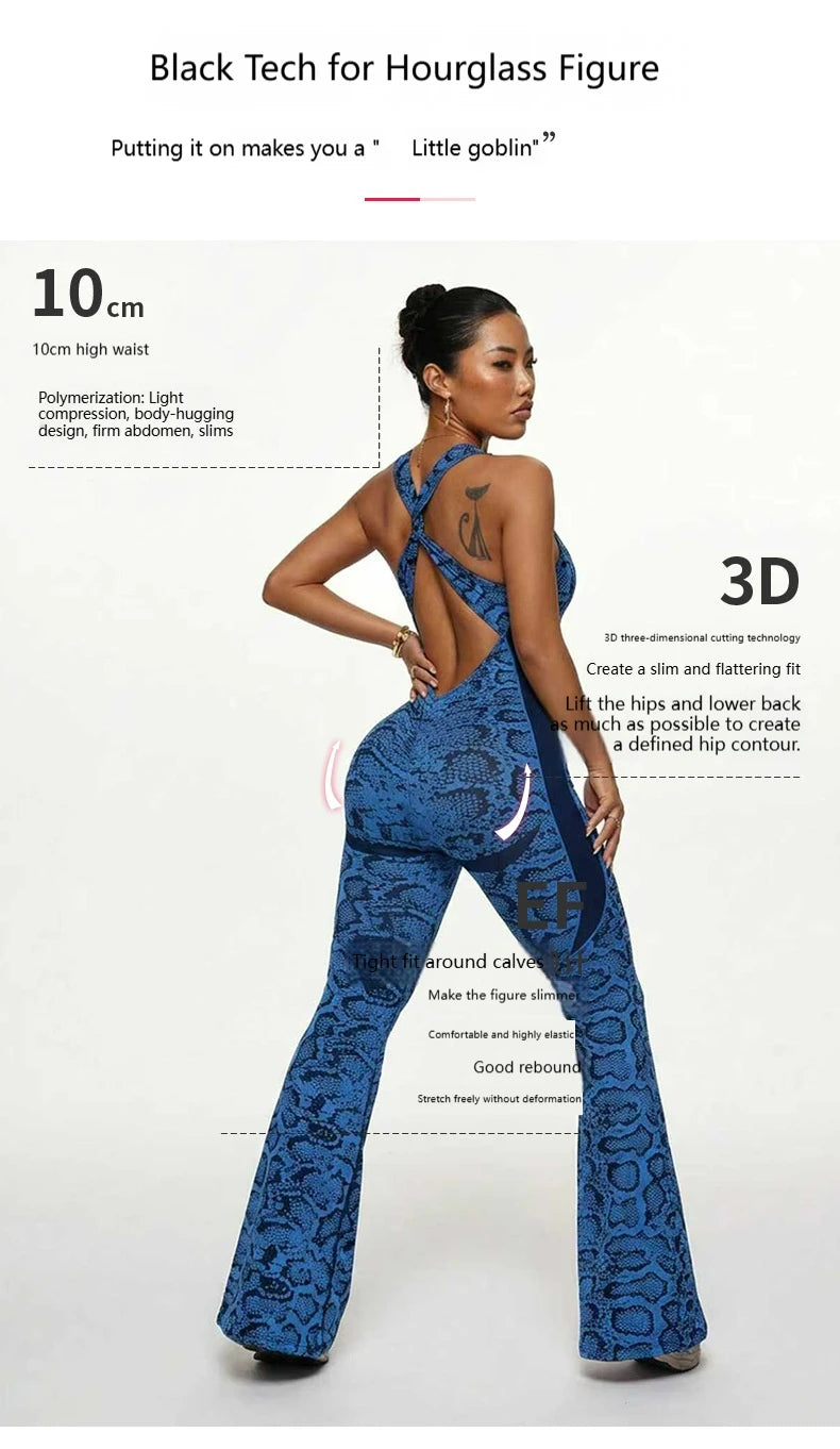 Women Leopard Cross Back Flared Yoga Bodysuits Gym Fitness Yoga Jumpsuit Workout Clothes Quick-drying Sportswear Shapewear