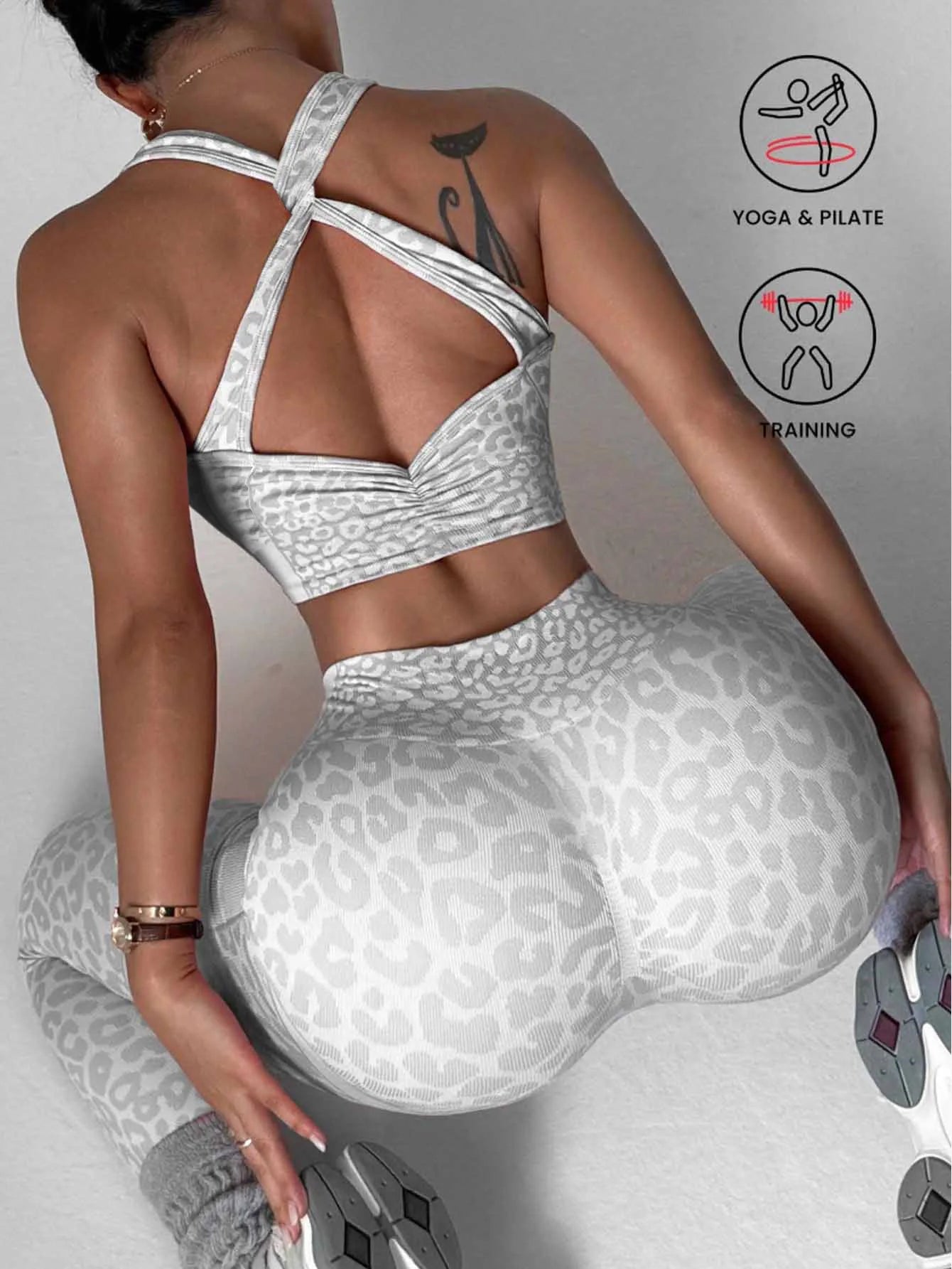 Women Leopard Cross Back Sleeveless Yoga Apparel LightWeight Push Hip Leggings Yoga Set Quick Dry Active Wear Yoga Set