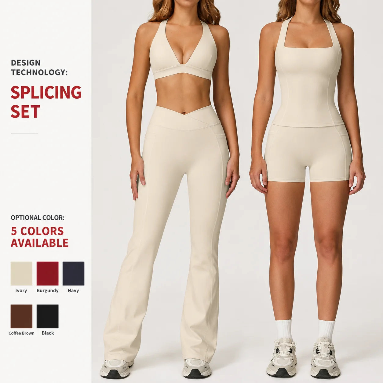 Women's Solid Athleisure 5-Piece Sports Bras+Gym Shorts+Yoga Leggings+Top Set Workout Clothes Sport Suit Front Logo