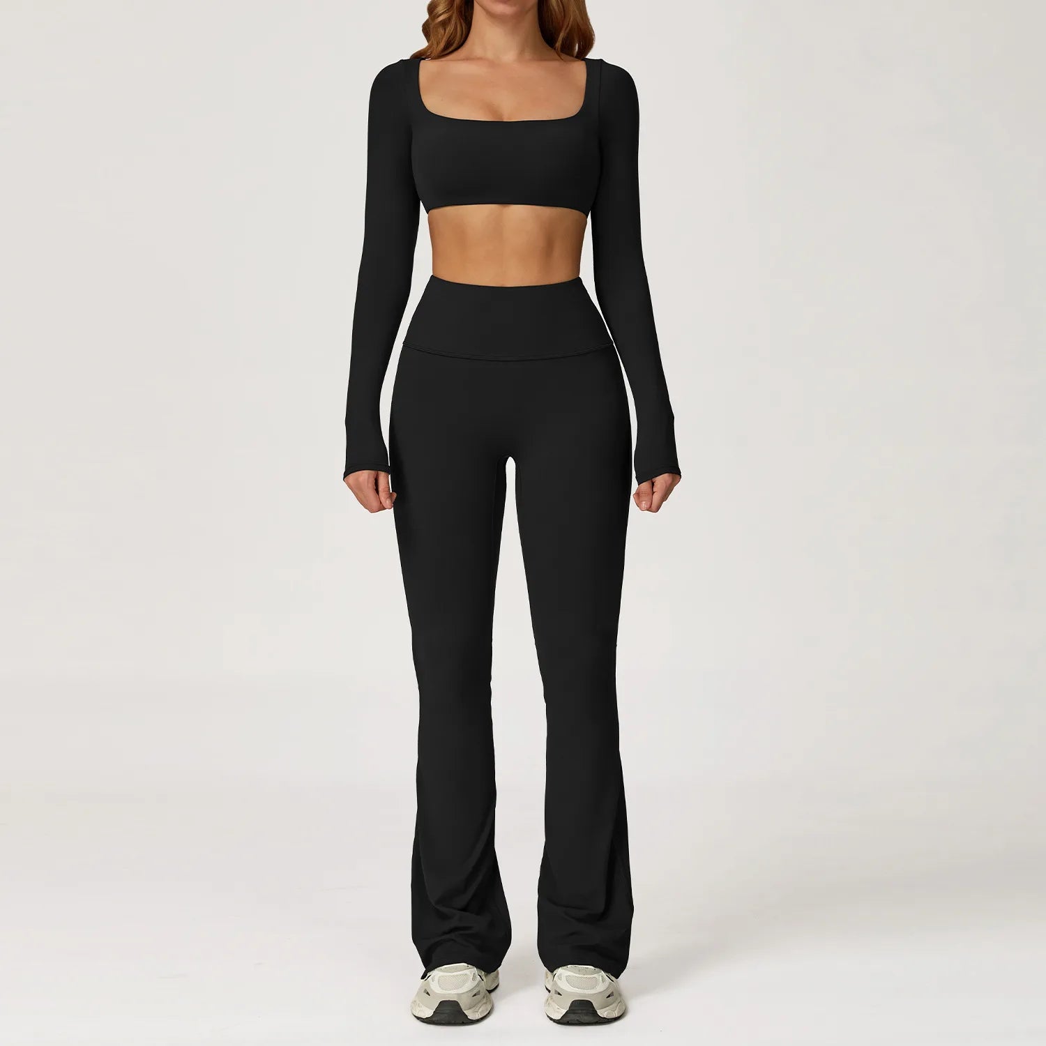 Breathable Women Running Yoga Wear Workout Long Sleeve T-Shirts Yoga Sports Crop Tops Flared Pants Bra Yoga Sets Custom