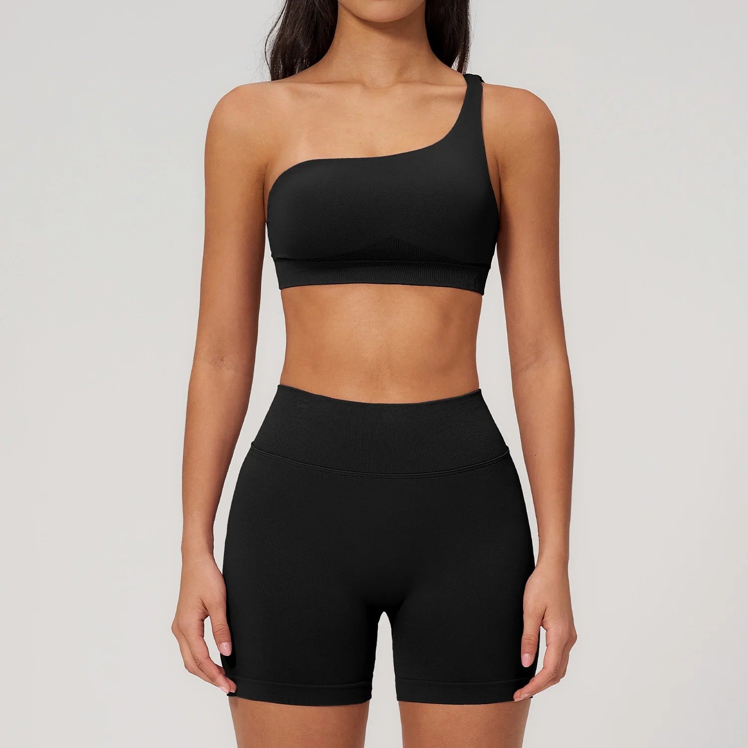 Factory One Shoulder 2-Piece Yoga Shorts Set with Seamless Breathable Stretch Fabric Solid Pattern for Fitness