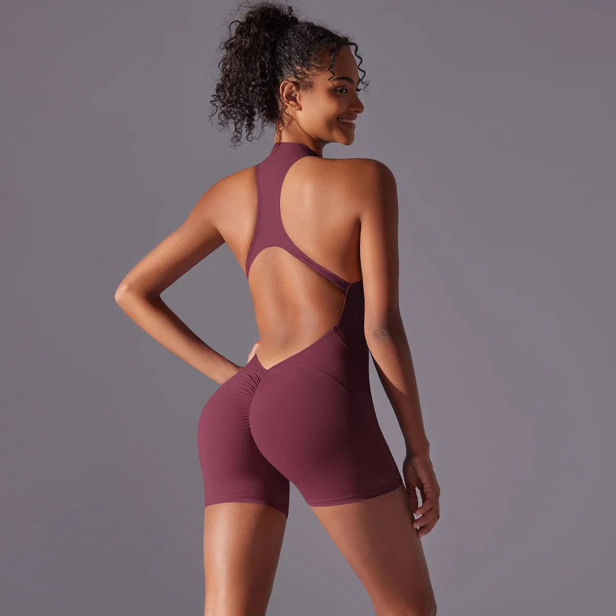 Halter Neck Yoga Jumpsuit Front Zip Backless Romper Scrunch Butt Bodysuit One Piece Shorts Fitness Set Custom LOGO