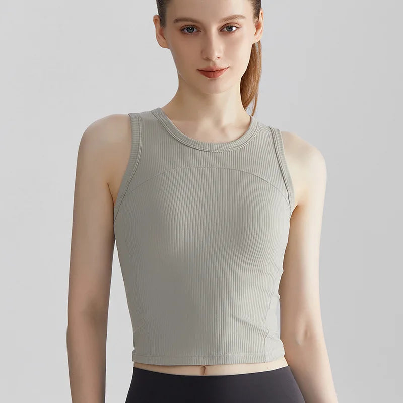 Custom Logo Ribbed Gym Crop Tank Top Crew Neck Sleeveless Workout Shirt Women Seamless Yoga Cami Activewear Tops