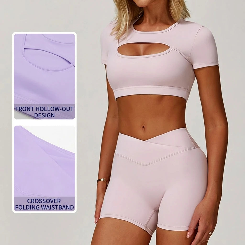 V Front Women's High Waist Breathable Solid 2026 2-pcs Active Wear Pink Yoga Flare Leggings Spandex/Nylon Elastic Waist Pink