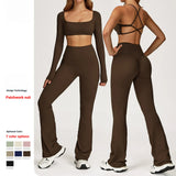 Breathable Women Running Yoga Wear Workout Long Sleeve T-Shirts Yoga Sports Crop Tops Flared Pants Bra Yoga Sets Custom