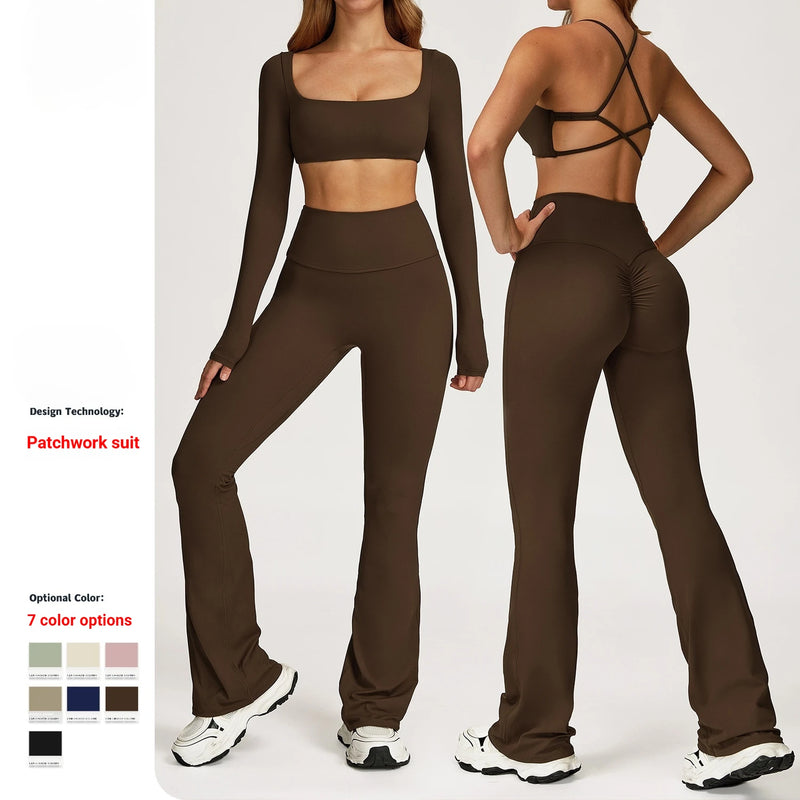Breathable Women Running Yoga Wear Workout Long Sleeve T-Shirts Yoga Sports Crop Tops Flared Pants Bra Yoga Sets Custom