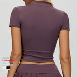 Women Half Zip Crop Top Stand Collar Short Sleeve Workout Shirts Slim Fit Gym Running Custom Logo