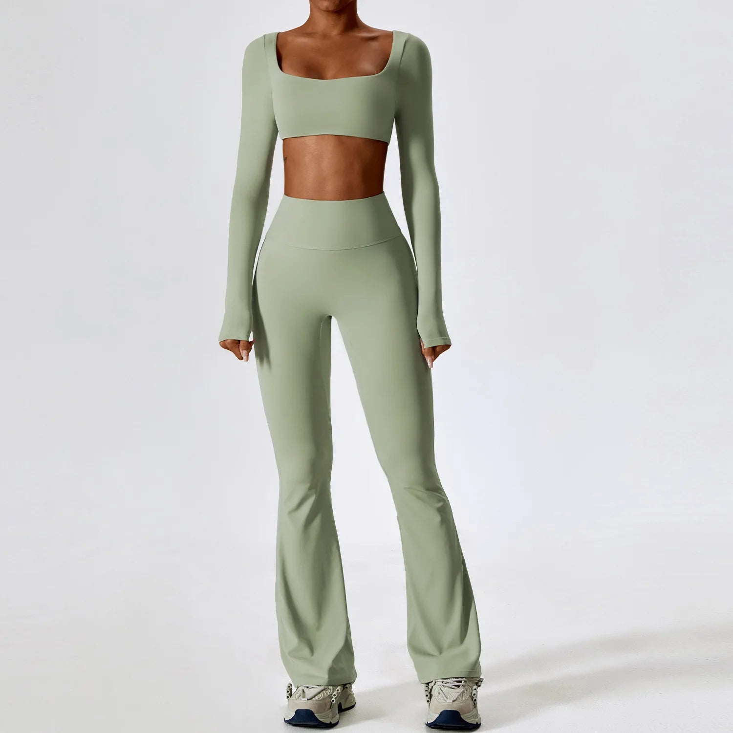 Breathable Women Running Yoga Wear Workout Long Sleeve T-Shirts Yoga Sports Crop Tops Flared Pants Bra Yoga Sets Custom