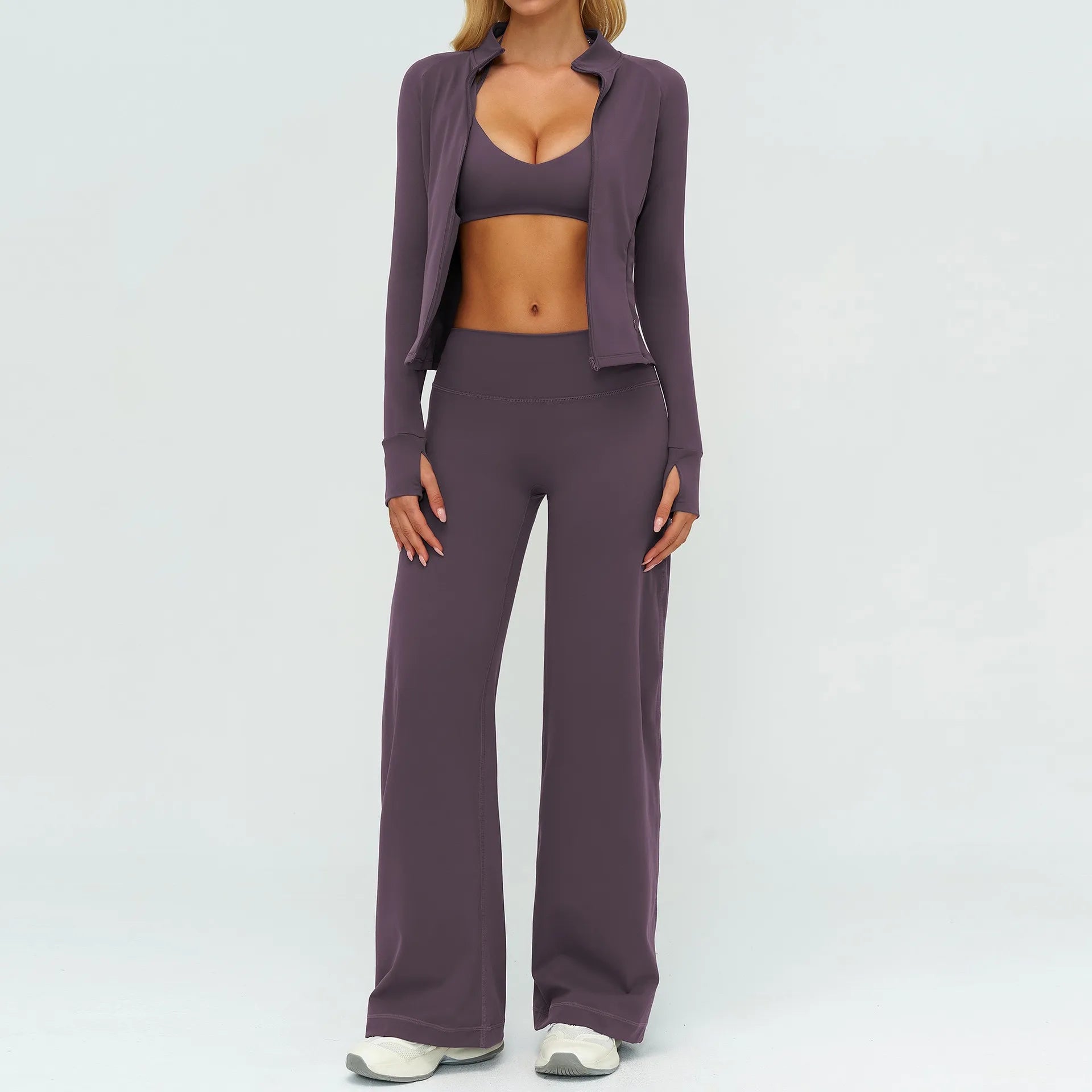 Women's Solid Breathable Racerback Workout Set Yoga Full Zip Jacket Sports Bra Wide Leg Pants 3-Piece 2026 New Fitness Custom