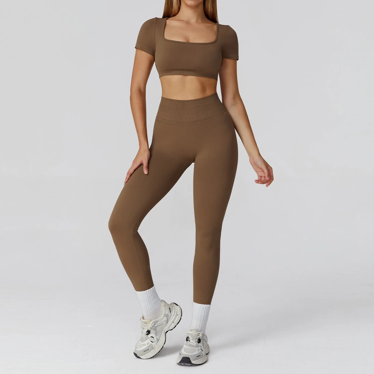 Seamless Hollowed-out High-waisted Yoga Short-sleeved Women's  Custom Yoga Long Pants Running and Fitness Set