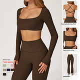 Breathable Women Running Yoga Wear Workout Long Sleeve T-Shirts Yoga Sports Crop Tops Flared Pants Bra Yoga Sets Custom