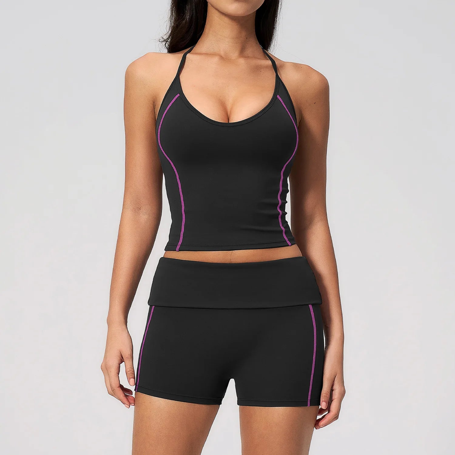 Hanging Neck Crew Neck Flipping Waist Slimming Solid Breathable Four-Way Stretch High Waist Yoga Shorts Suit Set