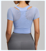 Women's Short-Sleeved Yoga T-Shirt Mesh Quick-Drying Fitness Wear Crop Top Tops High Support Breathable Sport Bras