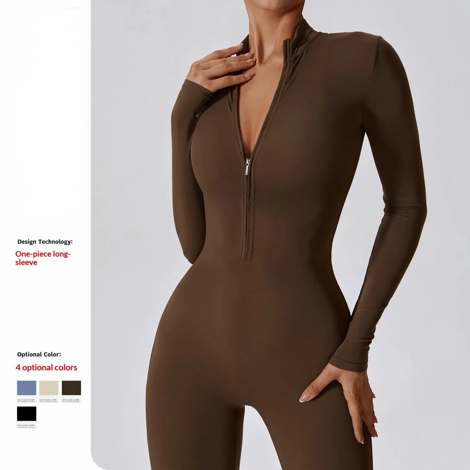 Women Front Zipper Yoga Jumpsuit  One Piece Unitard Gym Workout Bodycon Romper Athletic Wear Long Sleeve