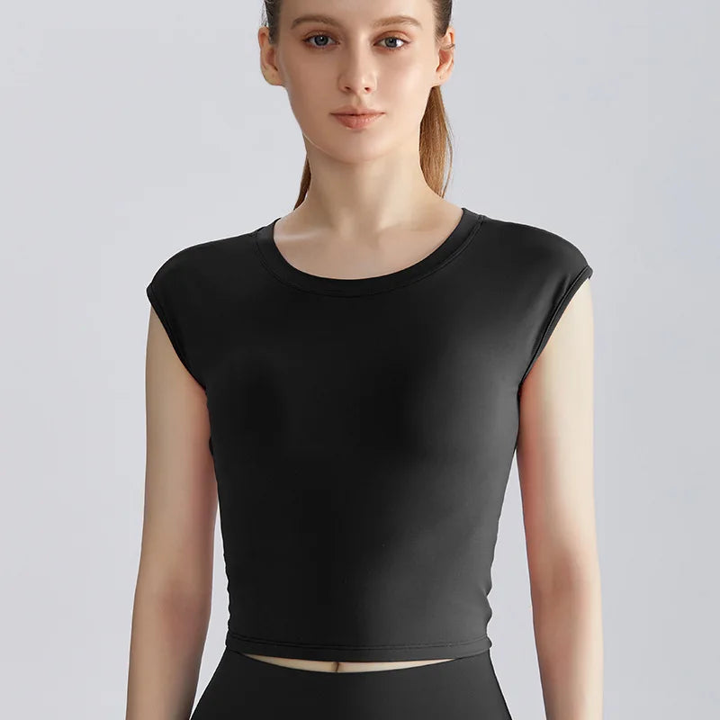 Custom Logo Women Open Back Yoga Top Cap Sleeve Backless Gym Shirt Twist Crossover Short Sleeve Workout Activewear T Shirt