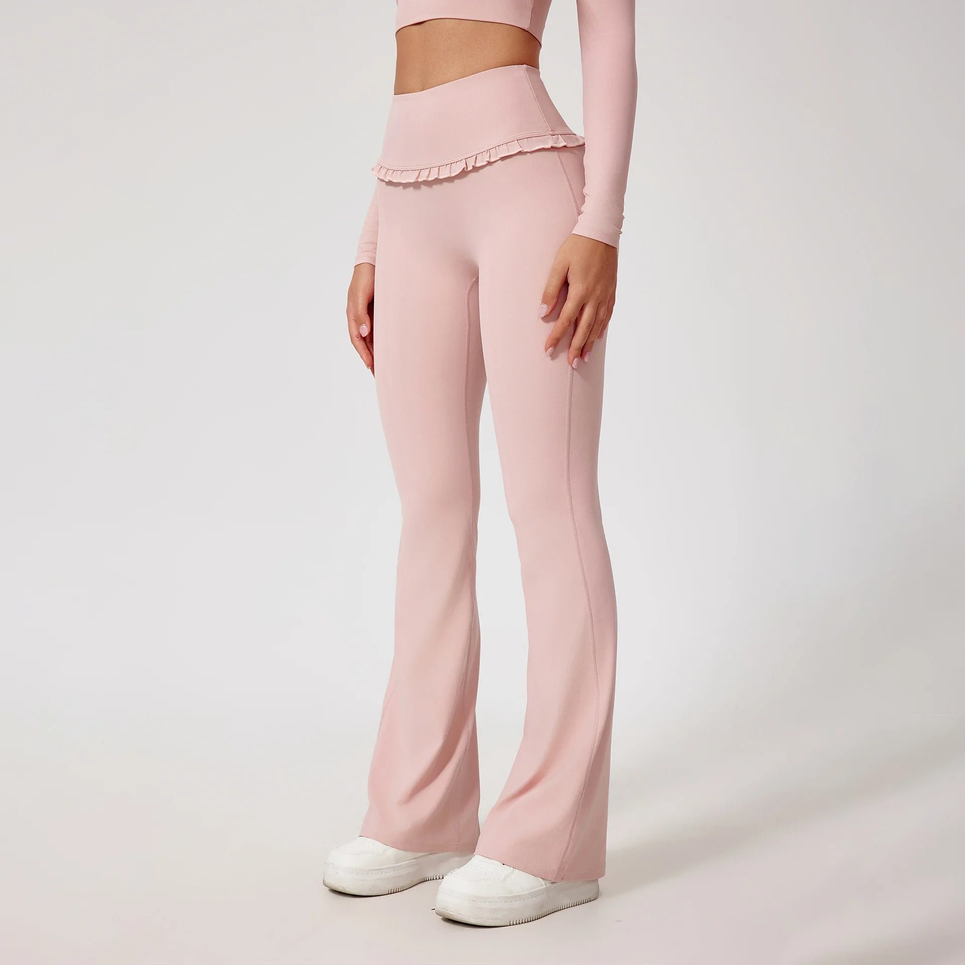 Custom Logo Yoga Pants Flare Pants Ruffle Trim High Waist Women Frill Bell Bottom Leggings Gym Fitness Wear