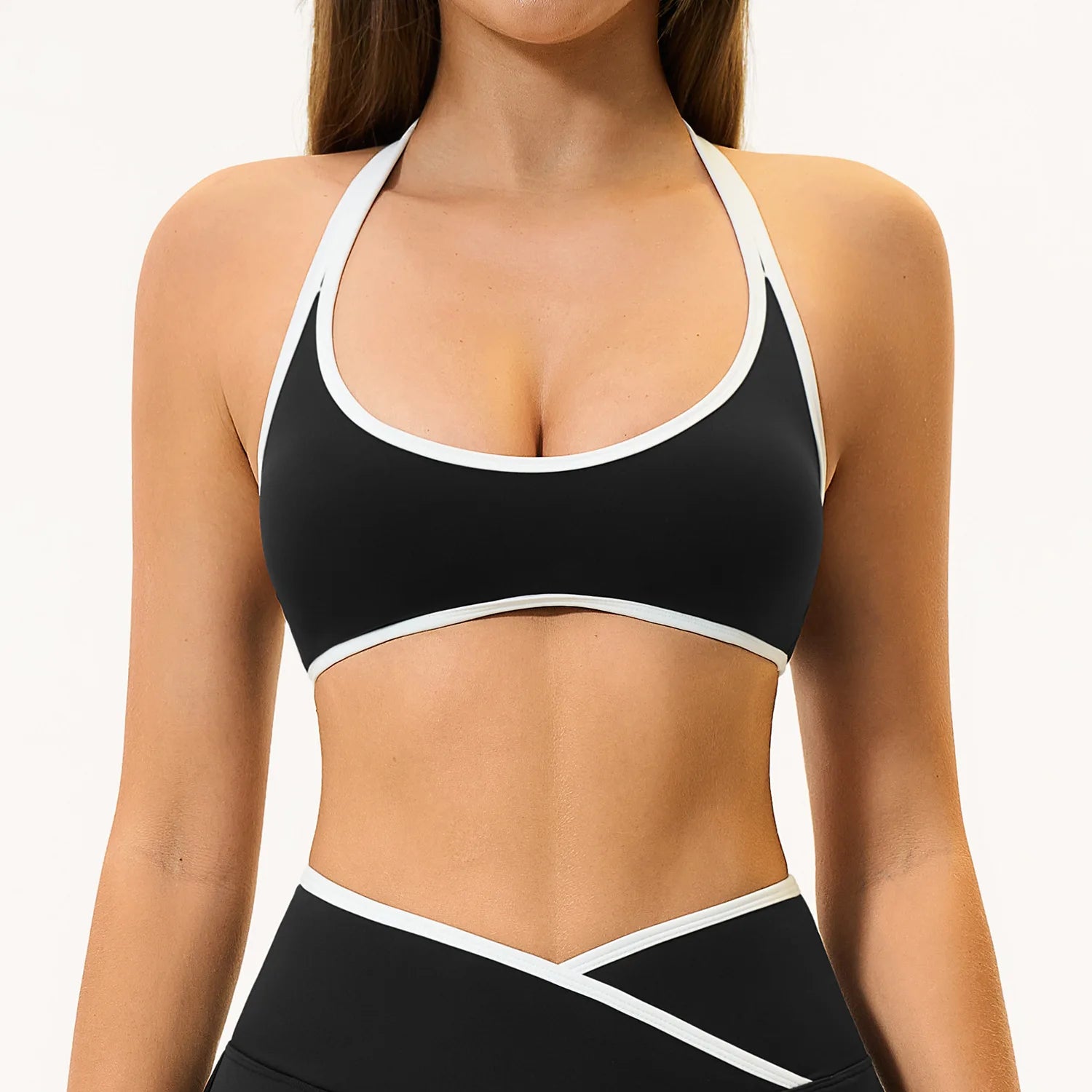 Seamless Lightweight Yoga Bra Breathable High Support Backless Sports Bra Color Block Trim Cut-Out Back Running Gym