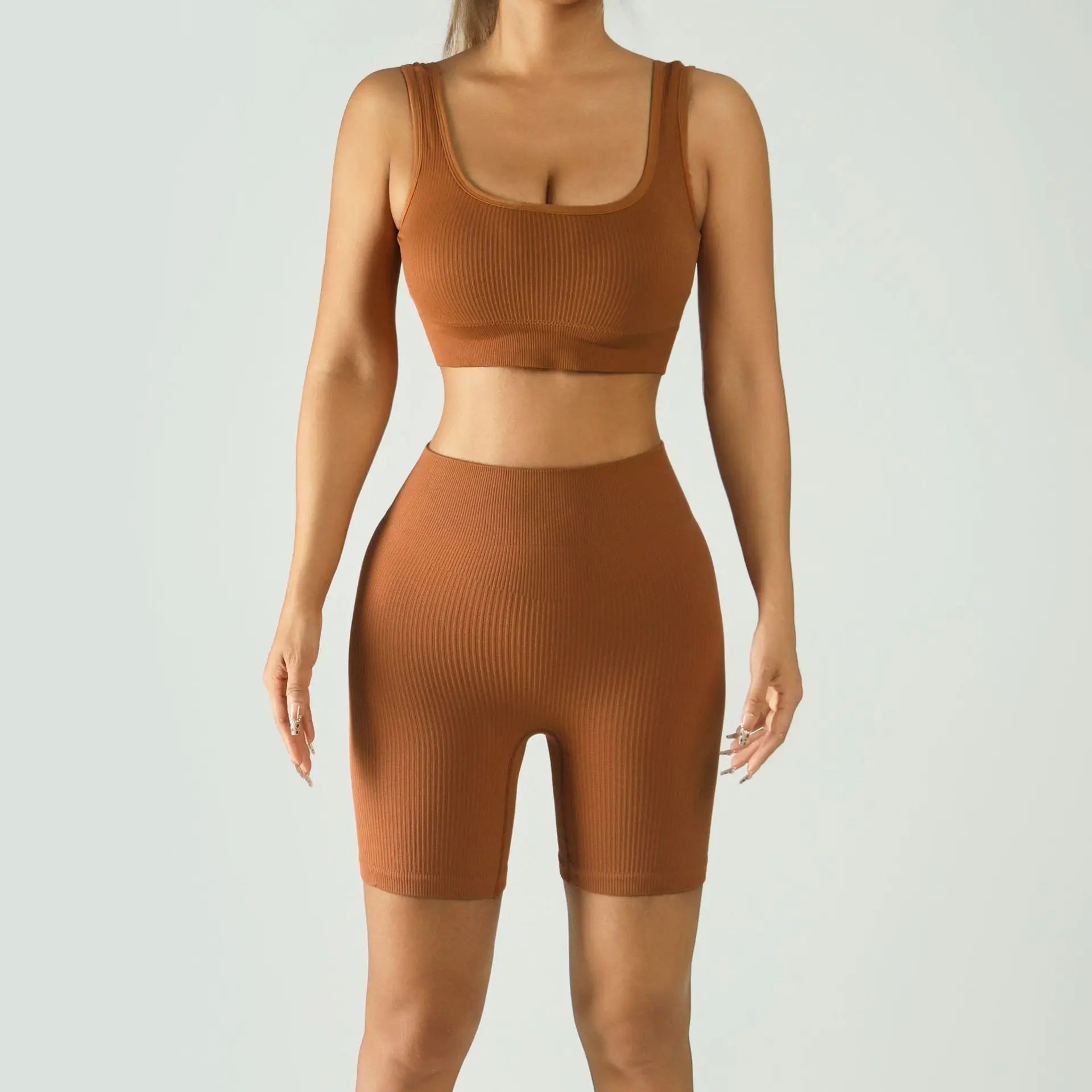 Ribbed Seamless Yoga Set Women U-Neck Sports Bra High Waist Biker Shorts 2 Piece Fitness Workout Set Wholesale
