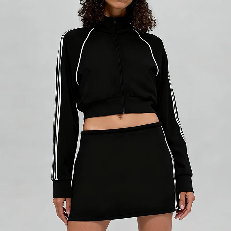 Custom Logo Yoga Set Women Cropped Jacket Zip up Tennis Skirt Set Side Stripes 2 Piece Activewear Workout Gym