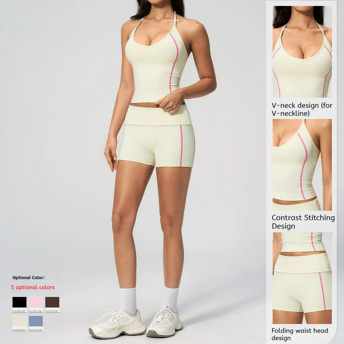 Hanging Neck Crew Neck Flipping Waist Slimming Solid Breathable Four-Way Stretch High Waist Yoga Shorts Suit Set