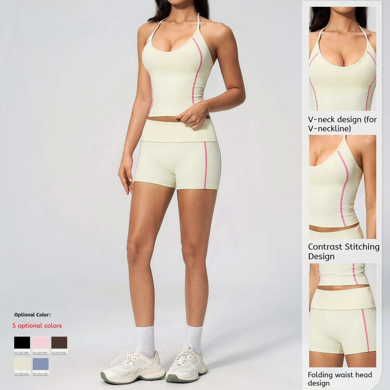 Hanging Neck Crew Neck Flipping Waist Slimming Solid Breathable Four-Way Stretch High Waist Yoga Shorts Suit Set