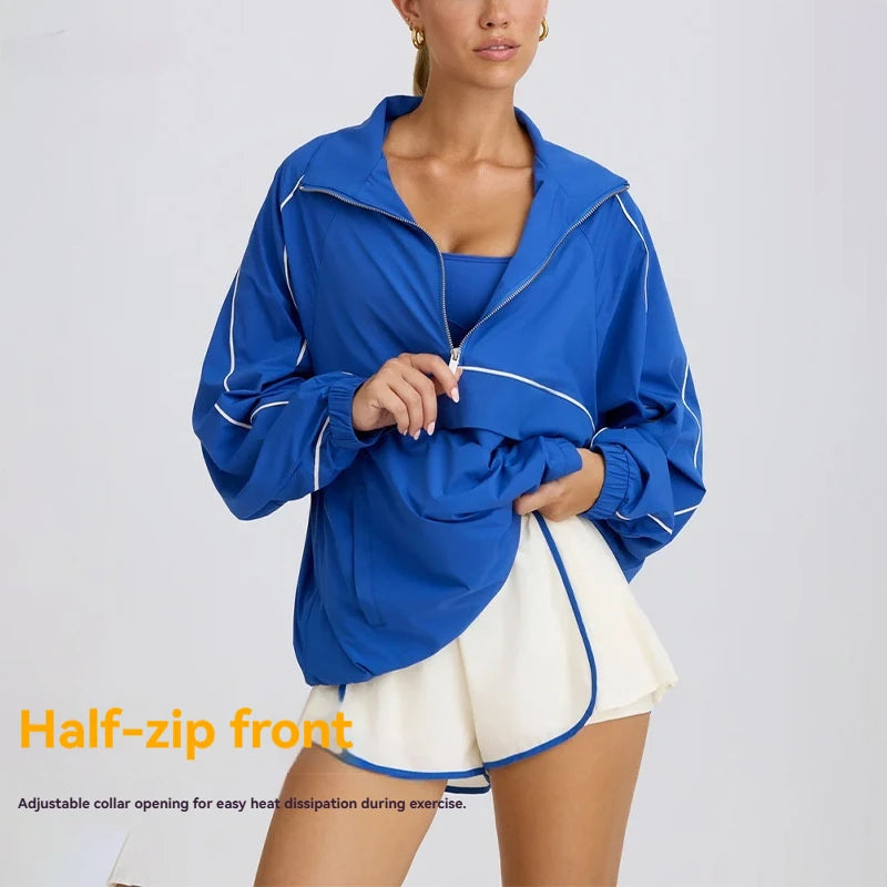 Women Half Zip Workout Jacket Oversized Contrast Trim Windbreaker Lightweight Sports Gym Sport Jacket Custom LOGO