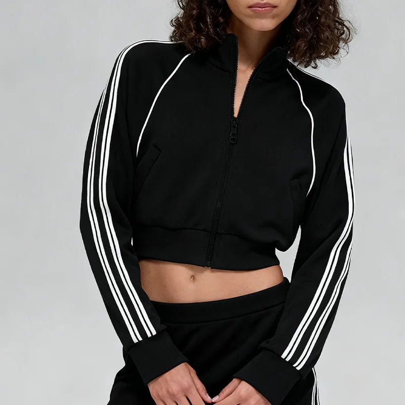 Custom Logo Yoga Set Women Cropped Jacket Zip up Tennis Skirt Set Side Stripes 2 Piece Activewear Workout Gym