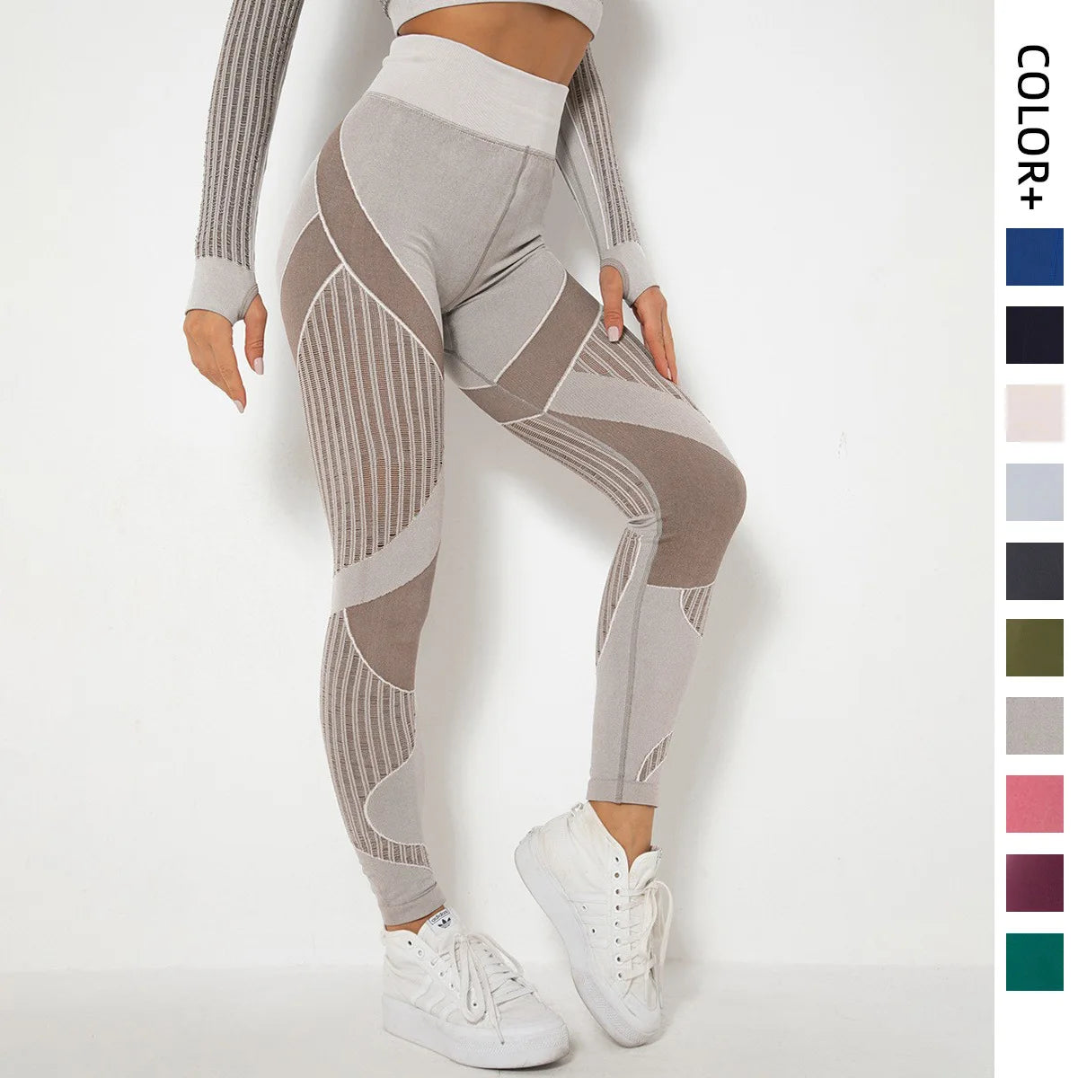 Wholesale High Waist Seamless Leggings Color Block Mesh Ribbed Panel Yoga Pants Women Booty Lift Gym Tights