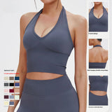 Seamless Halter Yoga Tops Women Custom LOGO Sexy V Neck Backless Sports Bra Gym Workout Crop Top Breathable Pilates Tank