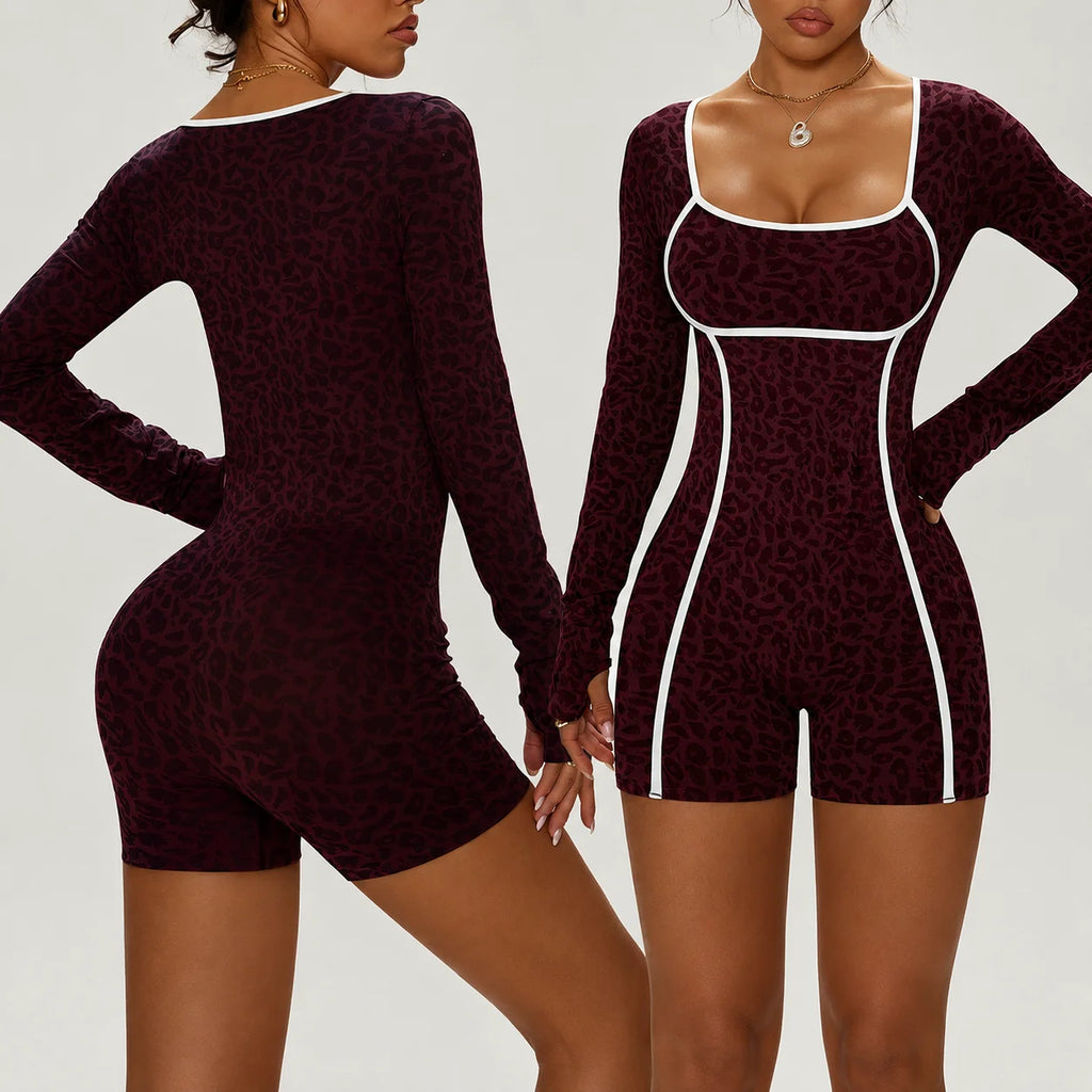 Leopard Seamless Activewear Women Long Sleeve Butt Lift Gym Workout Yoga Breathable & Quick-Dry Jumpsuits Workout Bodysuit