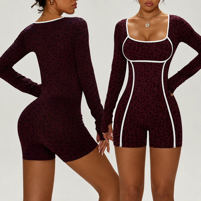 Leopard Seamless Activewear Women Long Sleeve Butt Lift Gym Workout Yoga Breathable & Quick-Dry Jumpsuits Workout Bodysuit