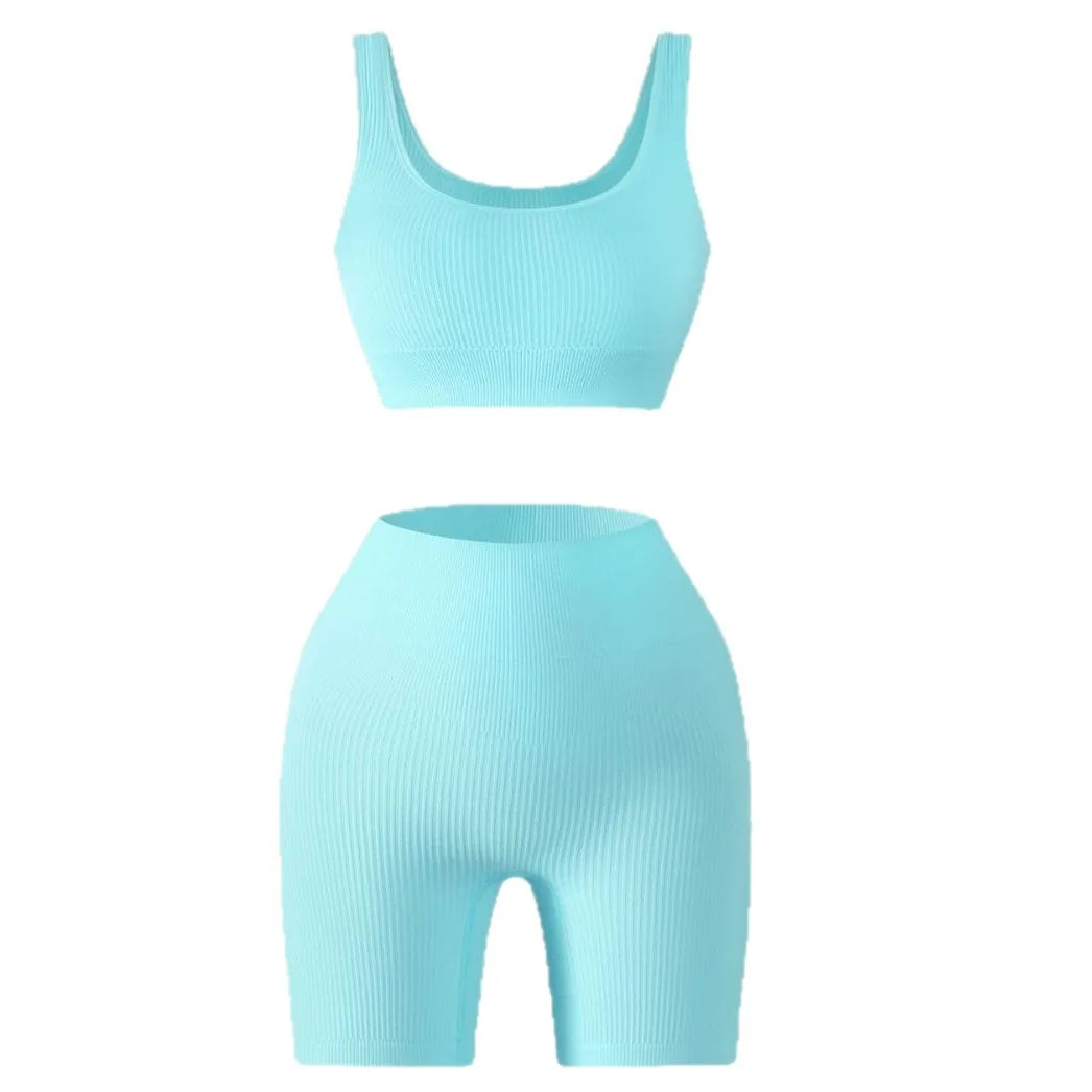 Ribbed Seamless Yoga Set Women U-Neck Sports Bra High Waist Biker Shorts 2 Piece Fitness Workout Set Wholesale