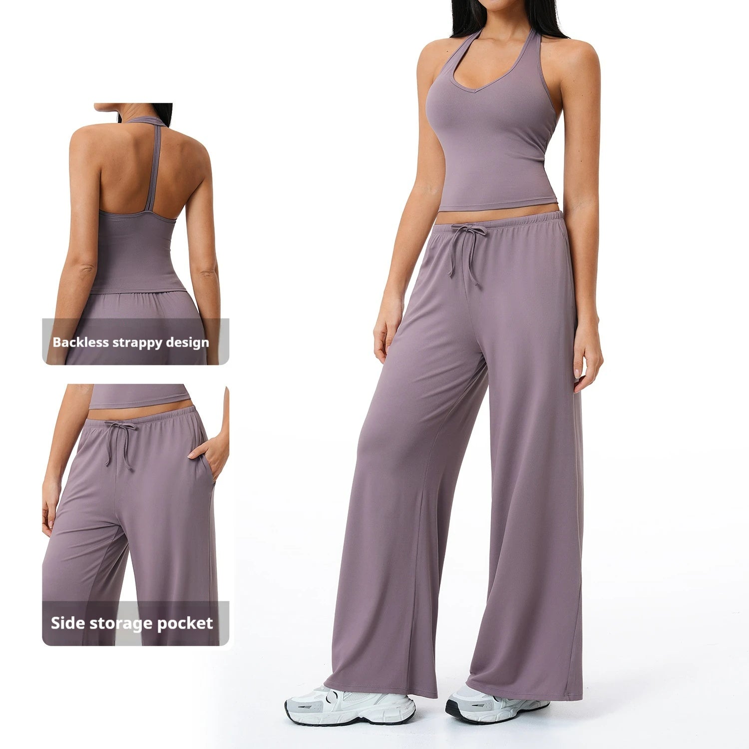 Solid Halter With T Strap Yoga Gym Sets Quick Dry Breathable Top Lightweight Loose Pants Women Summer Sports Outdoor Clothing