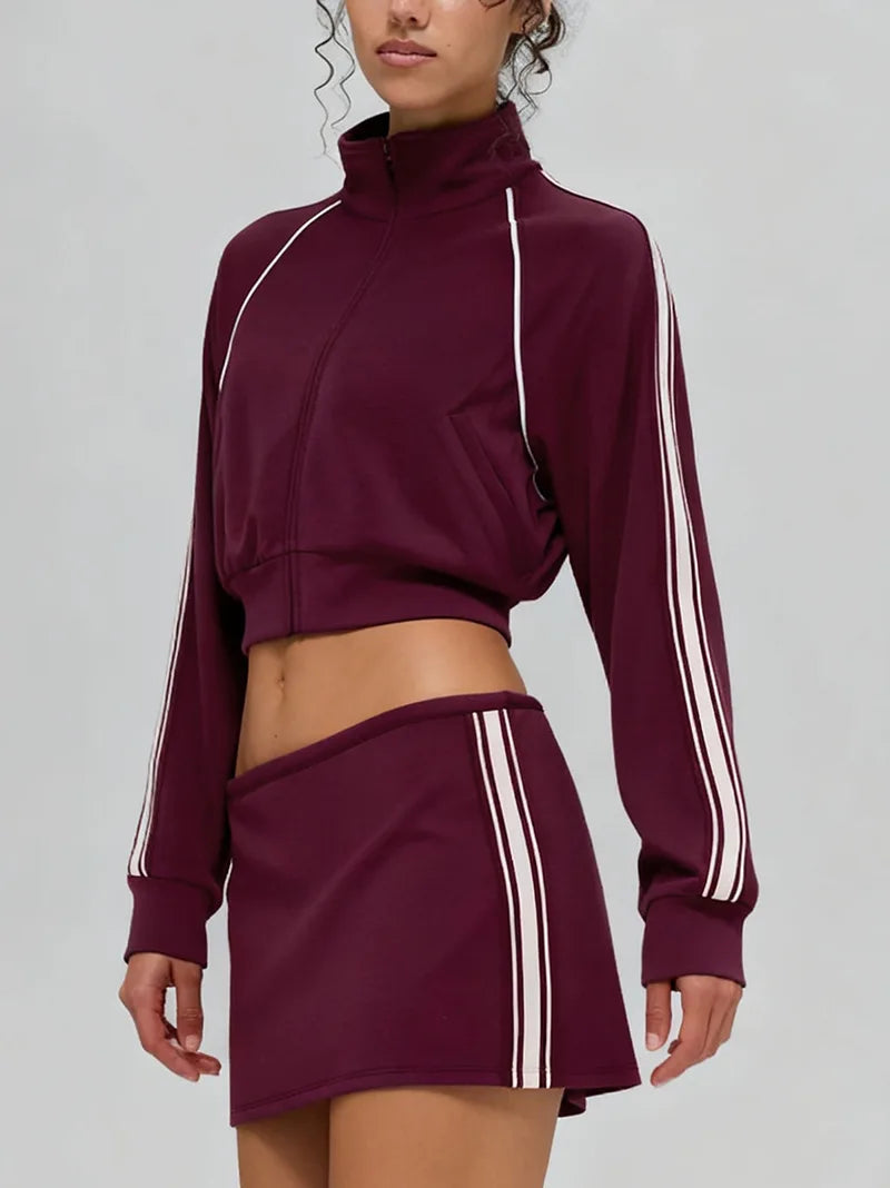 Custom Logo Yoga Set Women Cropped Jacket Zip up Tennis Skirt Set Side Stripes 2 Piece Activewear Workout Gym